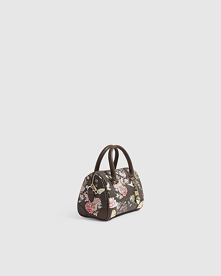 Brown Faux Leather Flower Monogram Bowler Bag