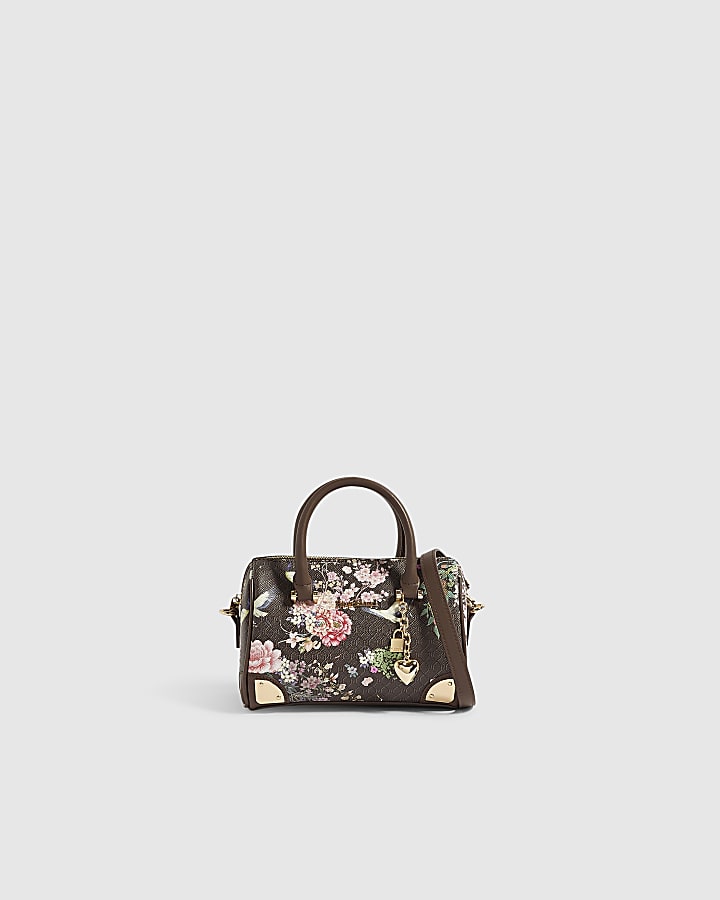Brown Faux Leather Flower Monogram Bowler Bag