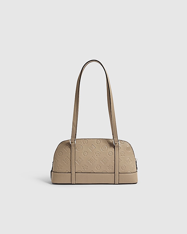 Beige Embossed Long Handle Bowler Bag