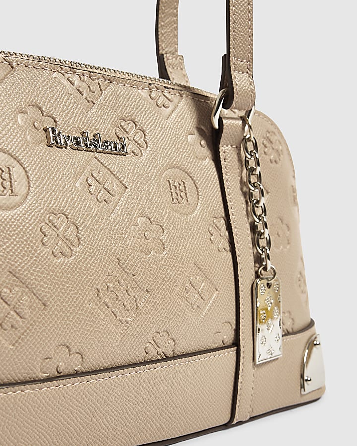 Beige Embossed Long Handle Bowler Bag
