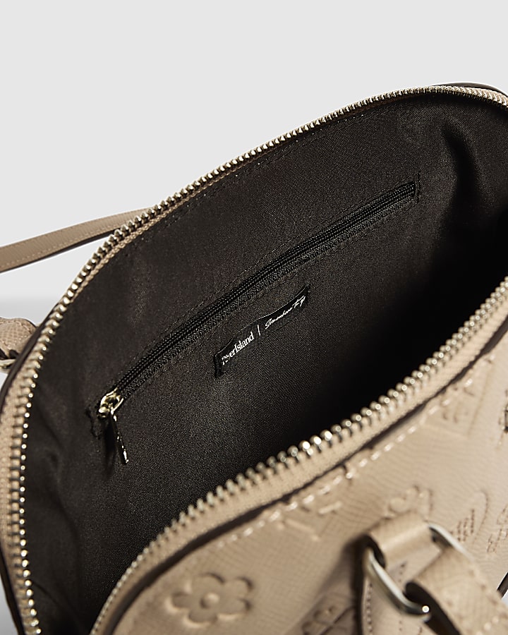 Beige Embossed Long Handle Bowler Bag