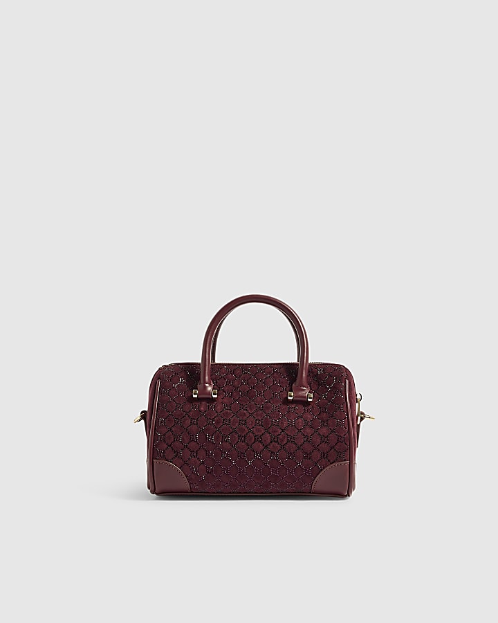 Burgundy Monogram Embellished Bowler Bag