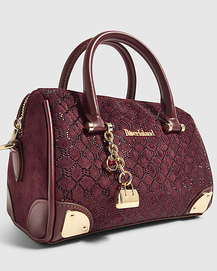 Burgundy Monogram Embellished Bowler Bag