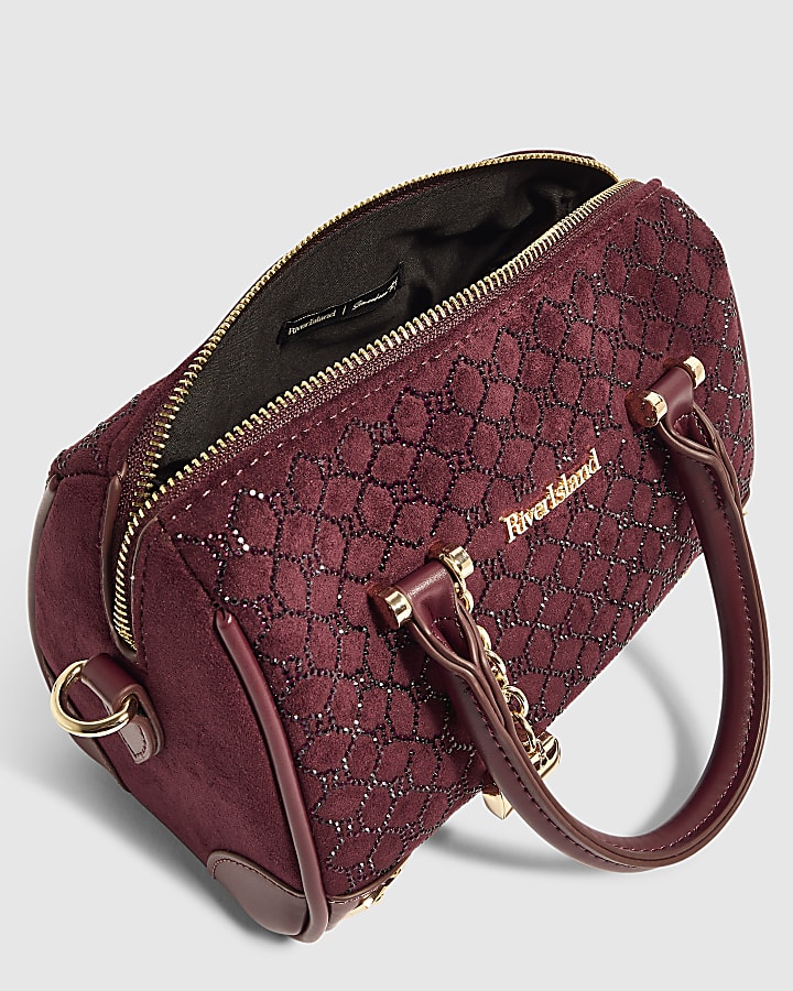 Burgundy Monogram Embellished Bowler Bag