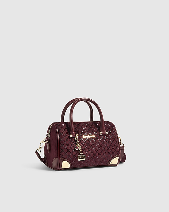 Burgundy Monogram Embellished Bowler Bag