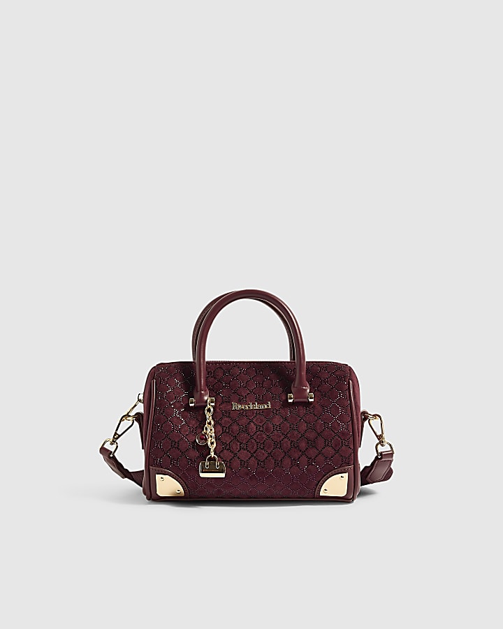 Burgundy Monogram Embellished Bowler Bag