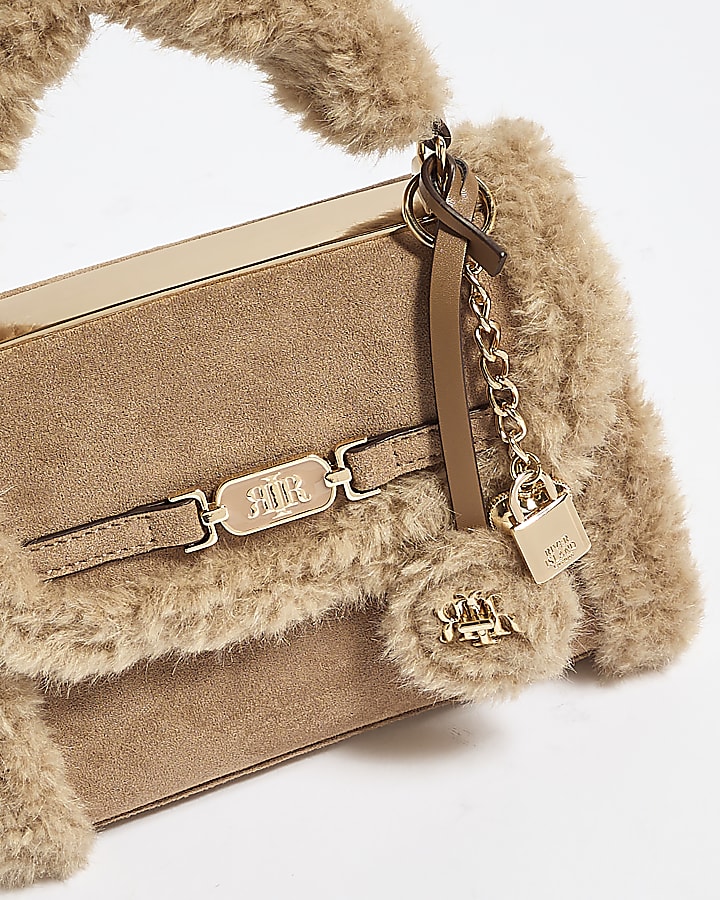 Beige Borg Mini Tote Crossbody Bag
