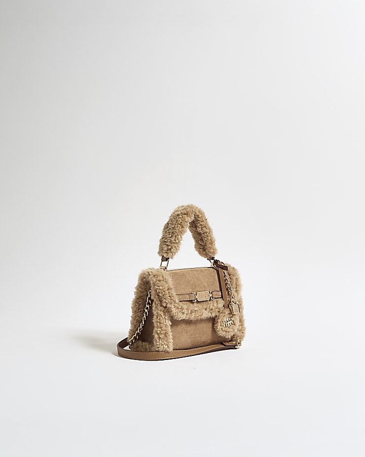 Beige Borg Mini Tote Crossbody Bag