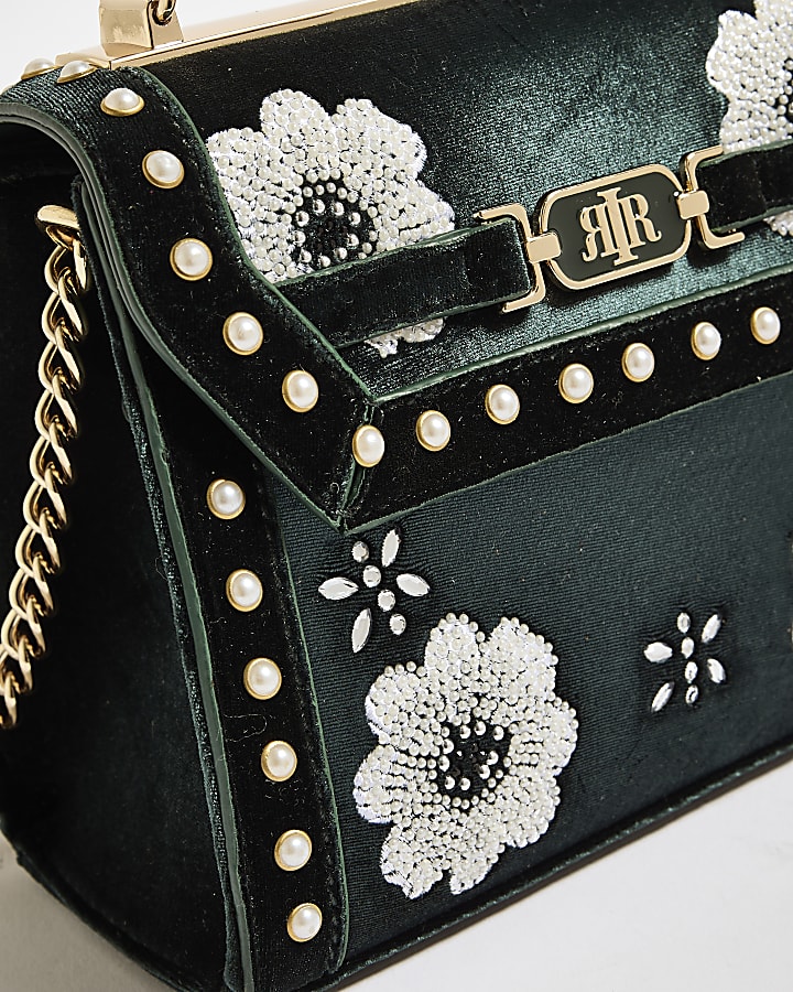 Green Velvet Floral Mini Charm Crossbody Bag