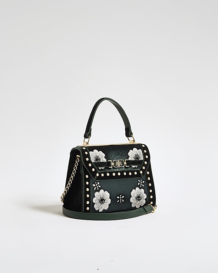 Green Velvet Floral Mini Charm Crossbody Bag