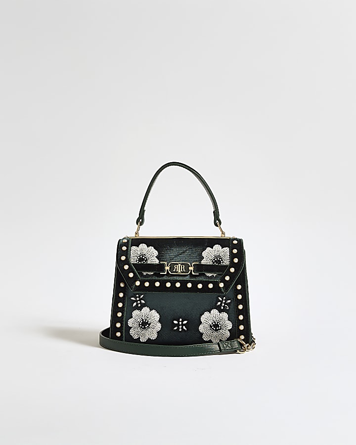 Green Velvet Floral Mini Charm Crossbody Bag
