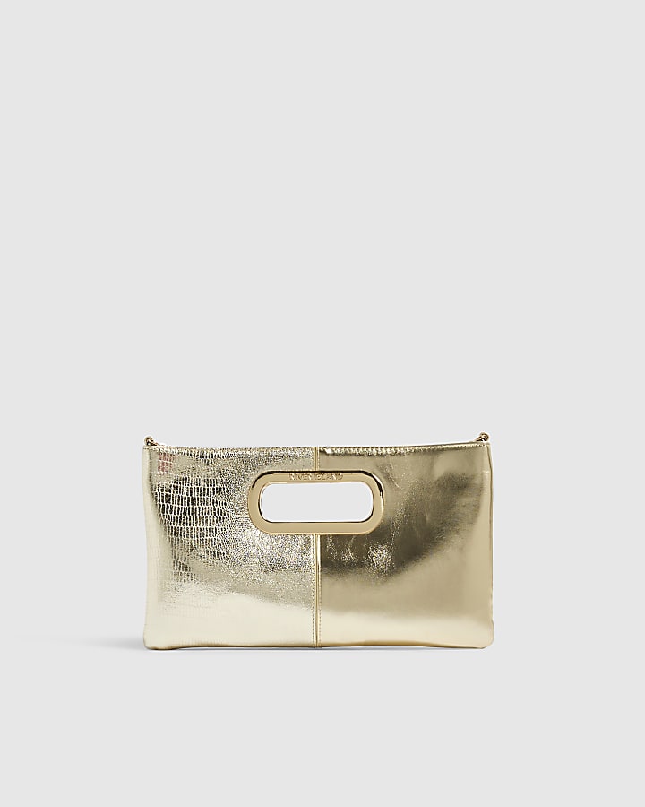 Gold Panelled Metal Handle Clutch Bag