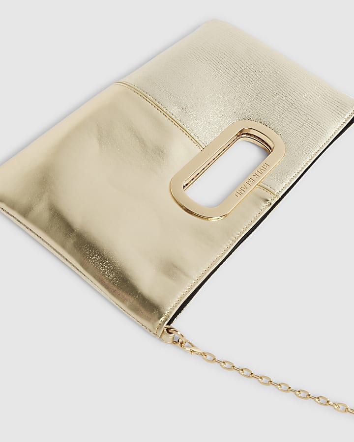 Gold Panelled Metal Handle Clutch Bag