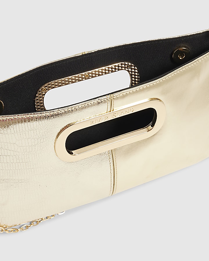 Gold Panelled Metal Handle Clutch Bag
