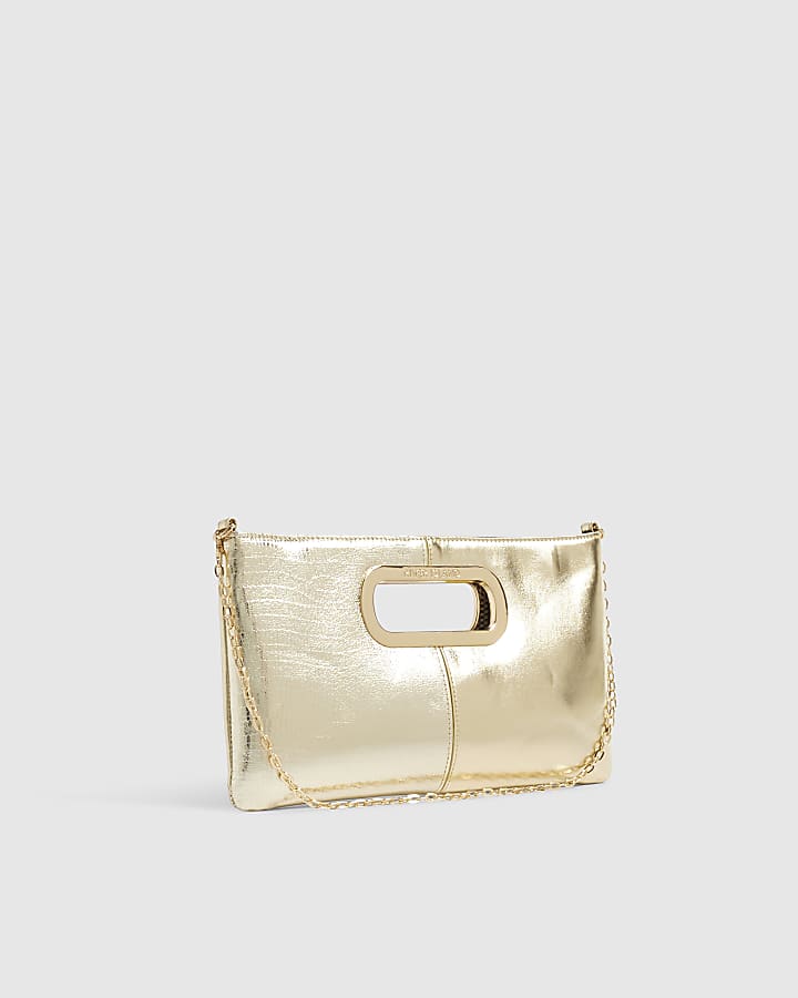 Gold Panelled Metal Handle Clutch Bag