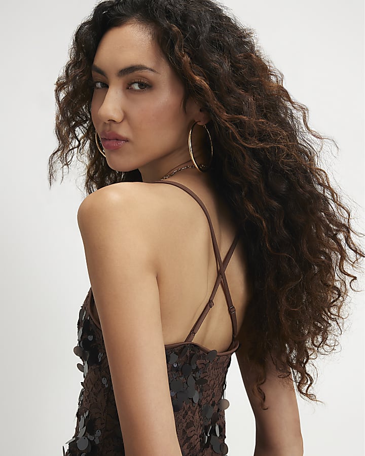 Brown Sequin Lace Cowl Front Cami Top