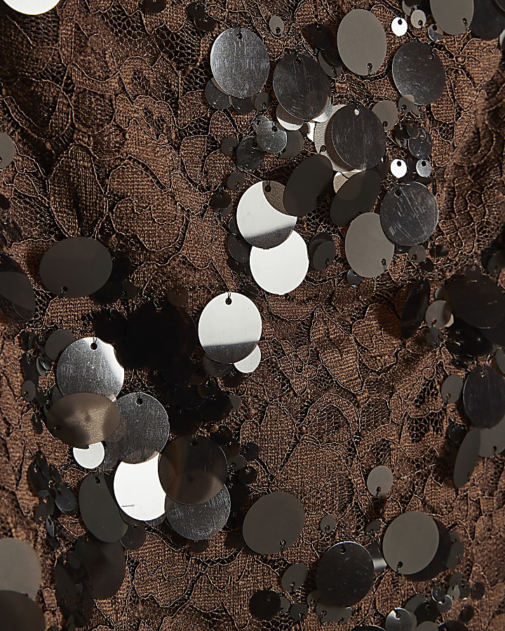 Brown Sequin Lace Cowl Front Cami Top