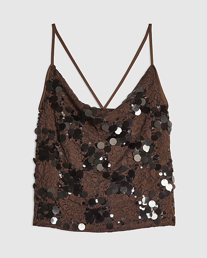 Brown Sequin Lace Cowl Front Cami Top