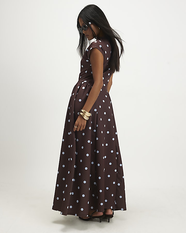 Petite Brown Spot Godet Maxi Dress