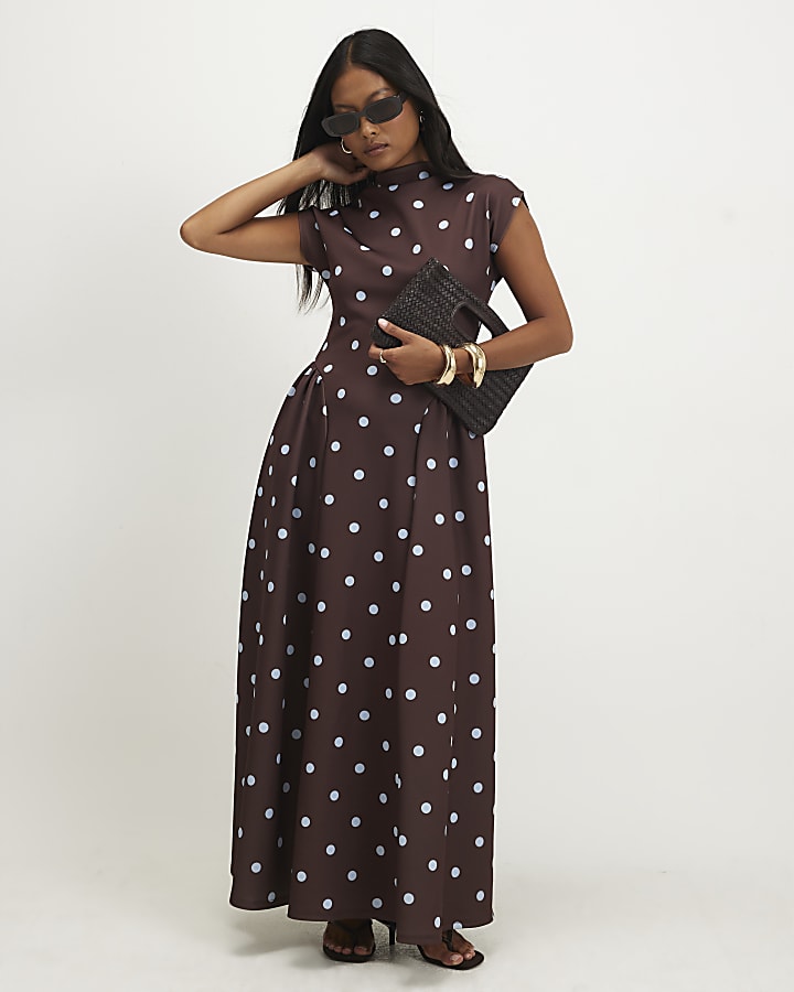 Petite Brown Spot Godet Maxi Dress