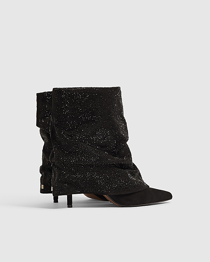 Black Diamante Skinny Heeled Ankle Boots