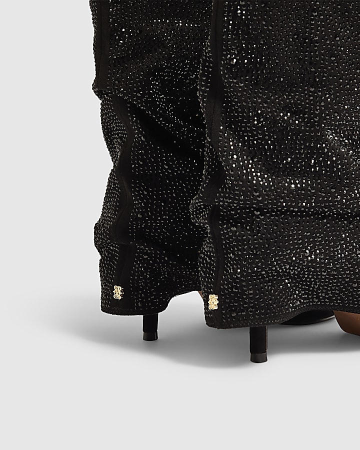 Black Diamante Skinny Heeled Ankle Boots