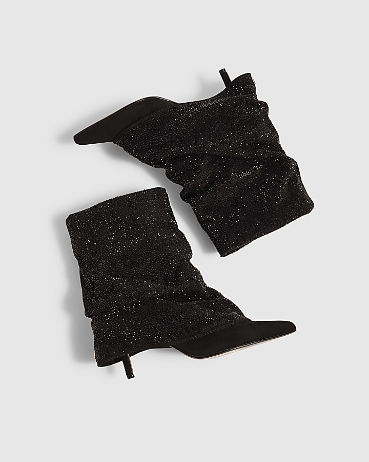 Black Diamante Skinny Heeled Ankle Boots