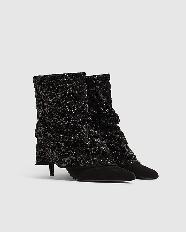Black Diamante Skinny Heeled Ankle Boots