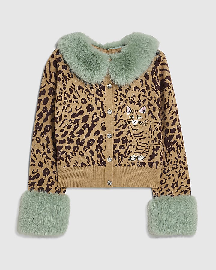 Brown Leopard Print Cat Faux Fur Cardigan