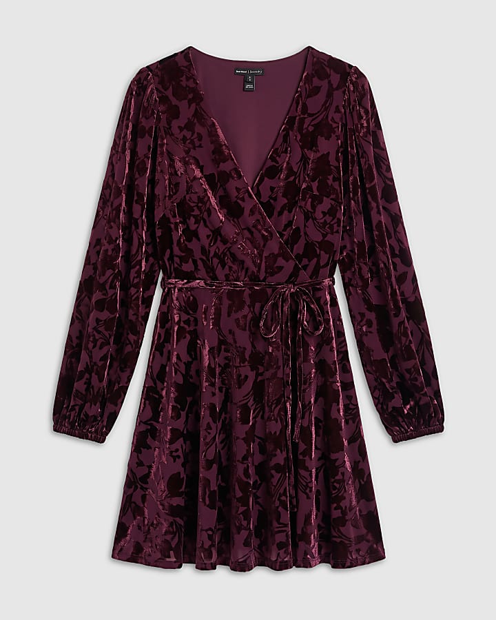 Burgundy Velvet Devore Wrap Mini Dress