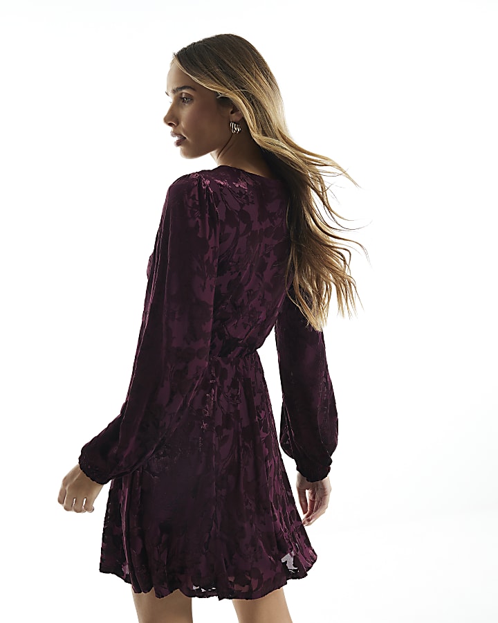 Burgundy Velvet Devore Wrap Mini Dress