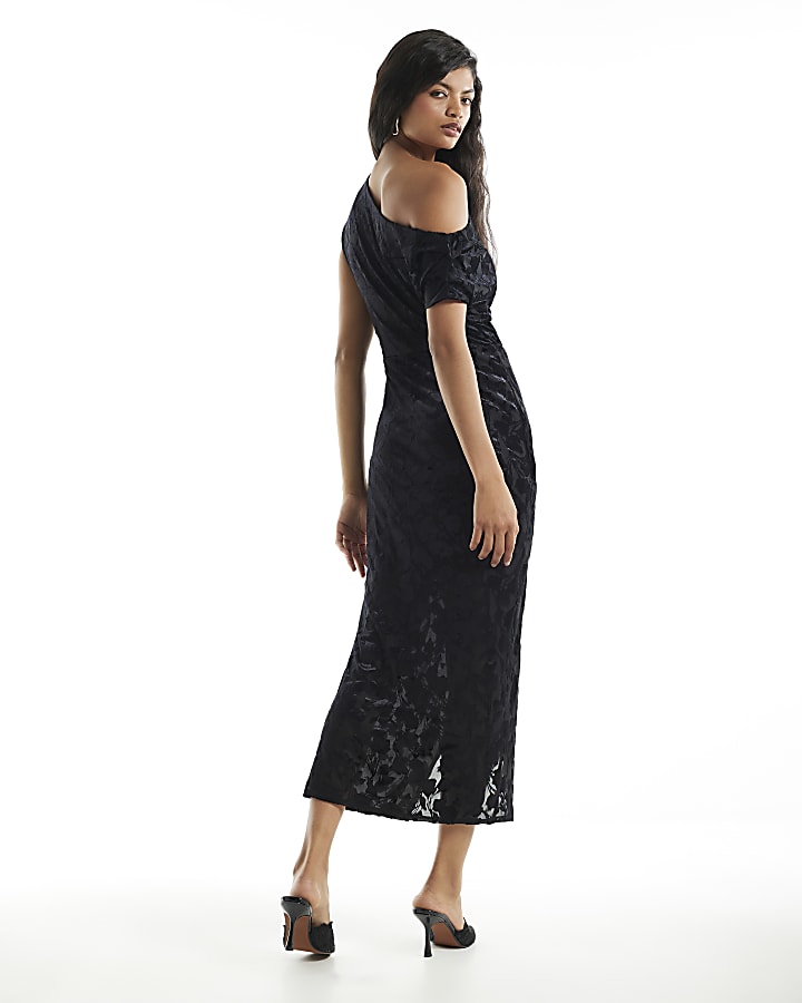 Black Velvet Devore Asymmetric Midi Dress