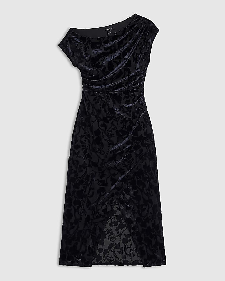 Black Velvet Devore Asymmetric Midi Dress