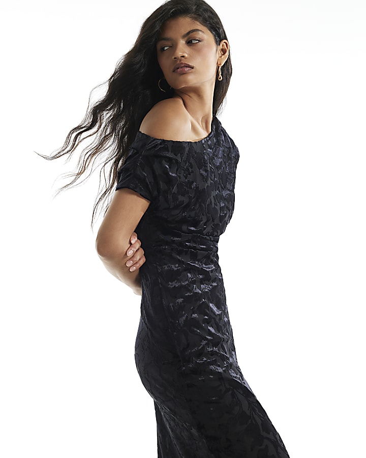 Black Velvet Devore Asymmetric Midi Dress