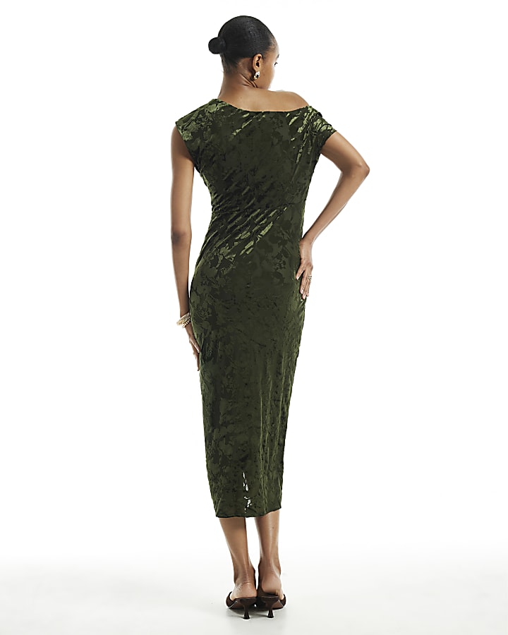 Green Velvet Devore Drape Midi Dress