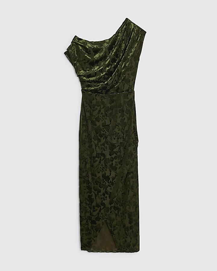 Green Velvet Devore Drape Midi Dress