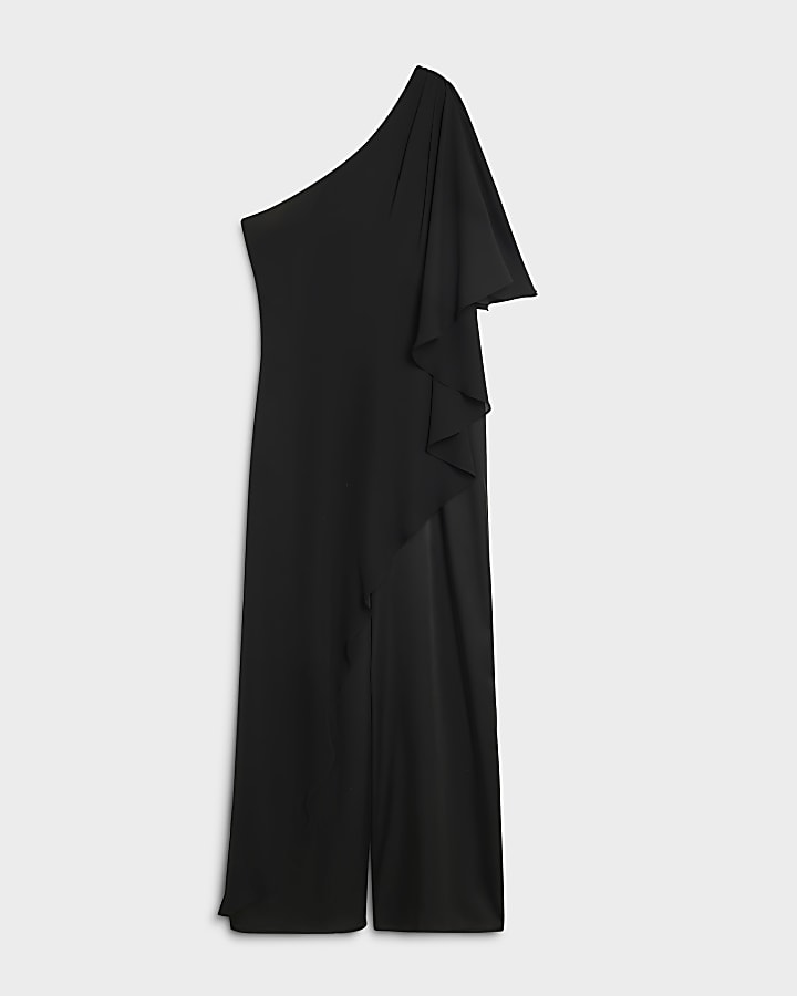 Black One Shoulder Cape Jumpsuit