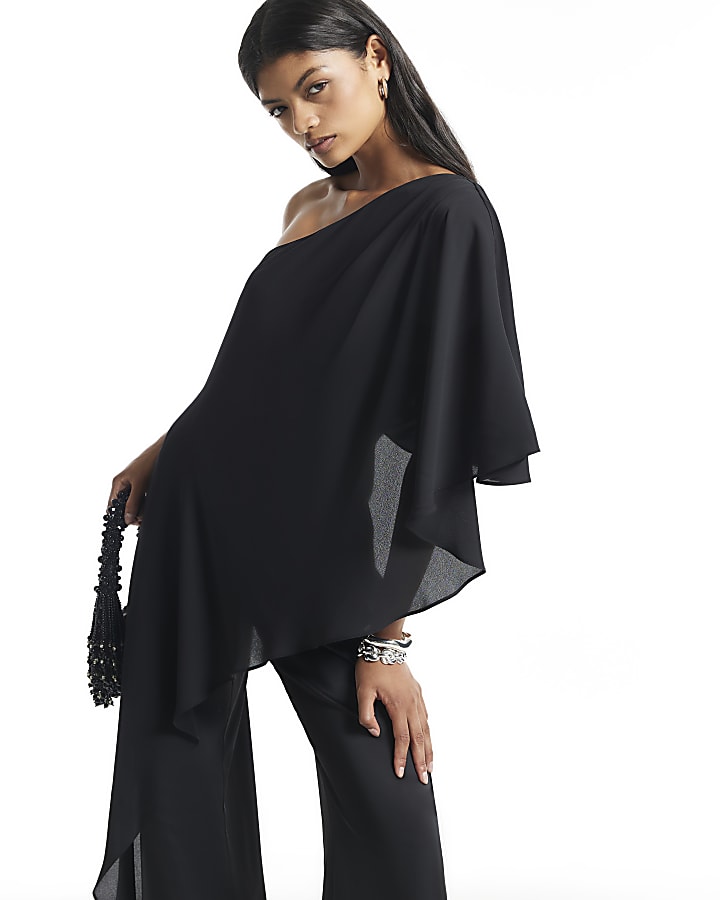 Black One Shoulder Cape Jumpsuit