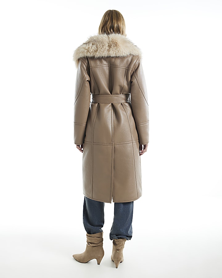 Beige Faux Leather Belt Shearling Trench Coat
