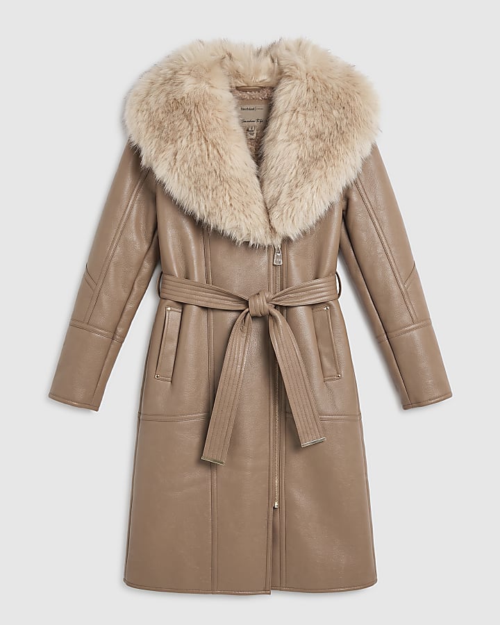 Beige Faux Leather Belt Shearling Trench Coat