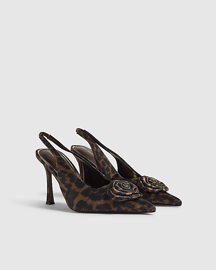 Brown Satin Leopard Print Rose Court Heels