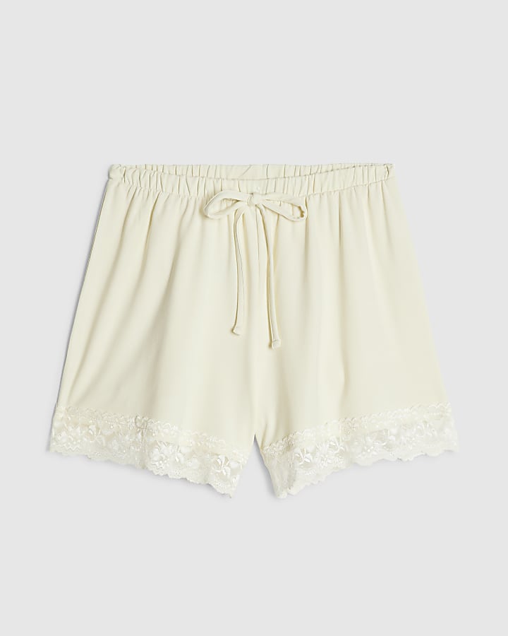Cream Cotton Lace Hem Shorts