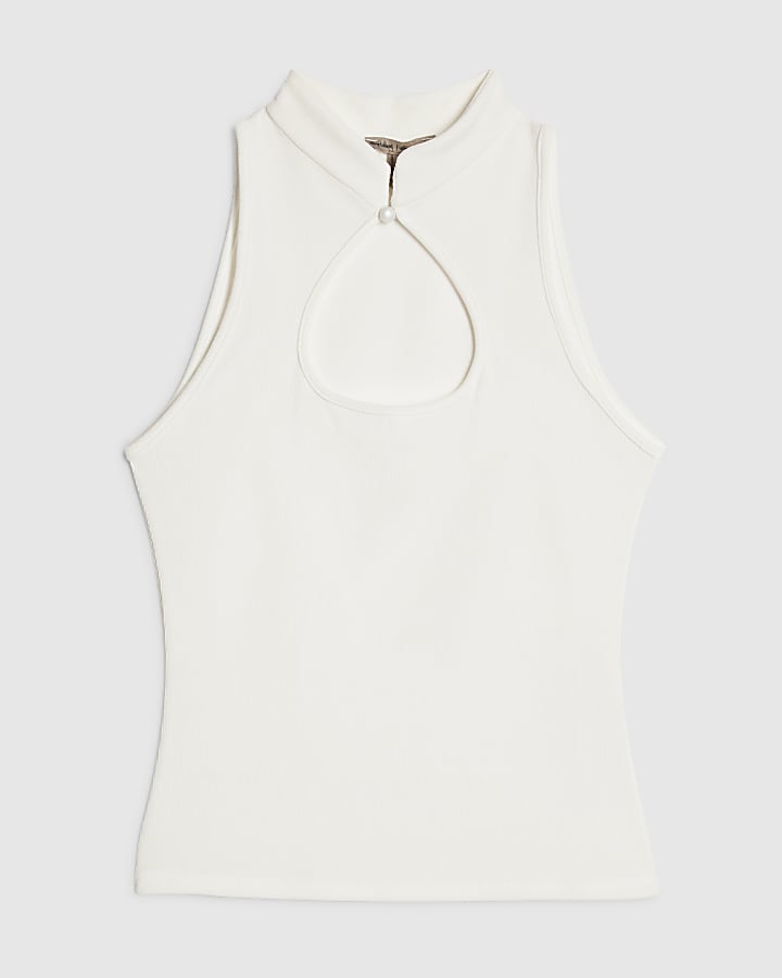 Cream Sleeveless Keyhole Button Top