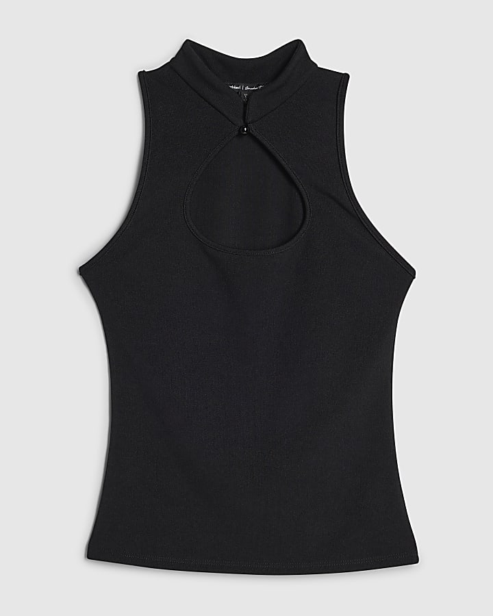 Black Keyhole Button Neck Top