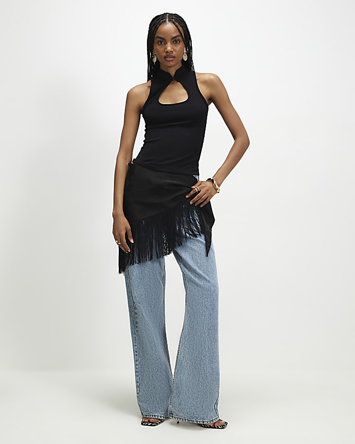 Black Keyhole Button Neck Top