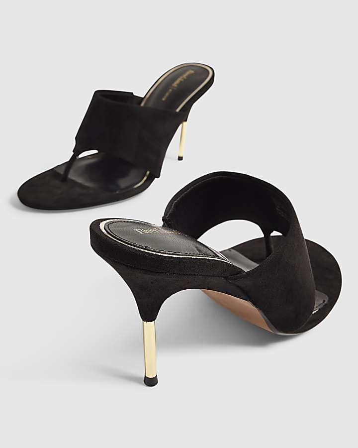Black Toe Thong Heeled Sandals