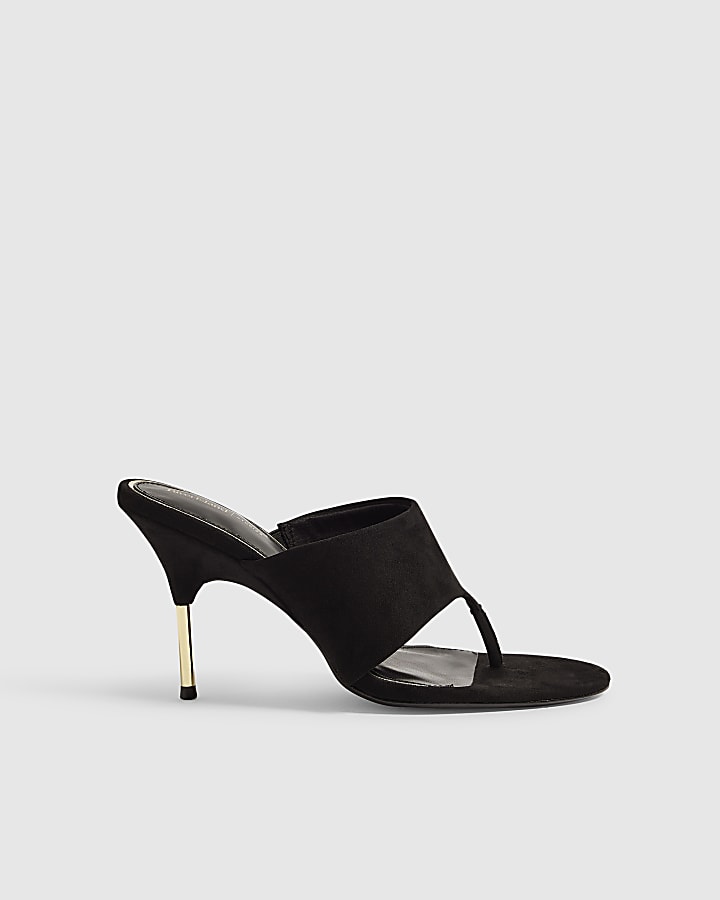Black Toe Thong Heeled Sandals