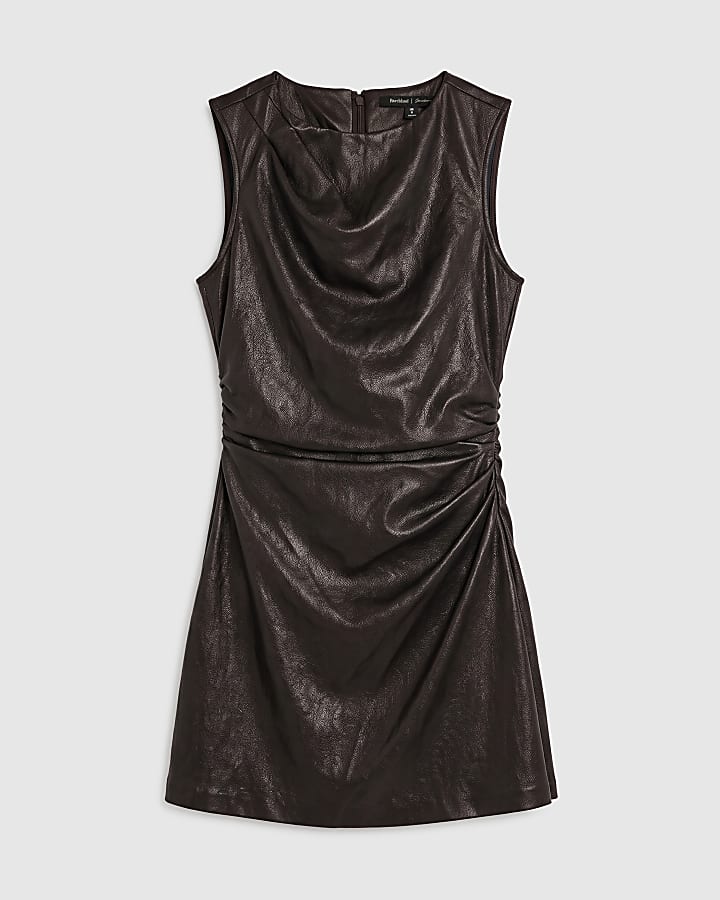 Brown Faux Leather Gathered Side Mini Dress