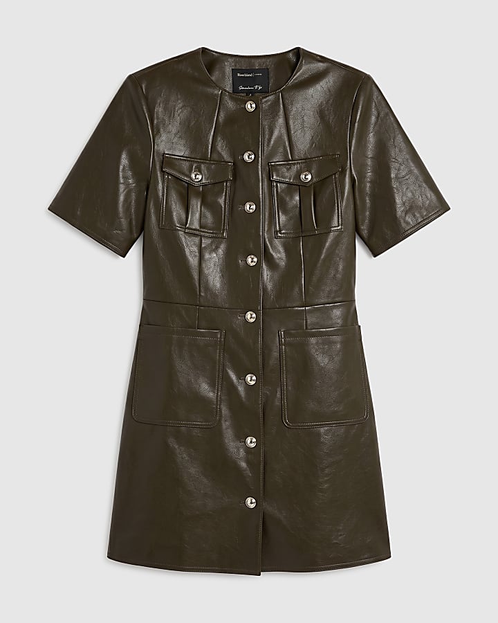 Khaki Faux Leather Shoulder Pad Blazer Dress