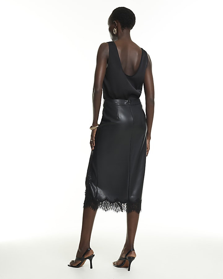 Black Faux Leather Lace Trim Midaxi Skirt